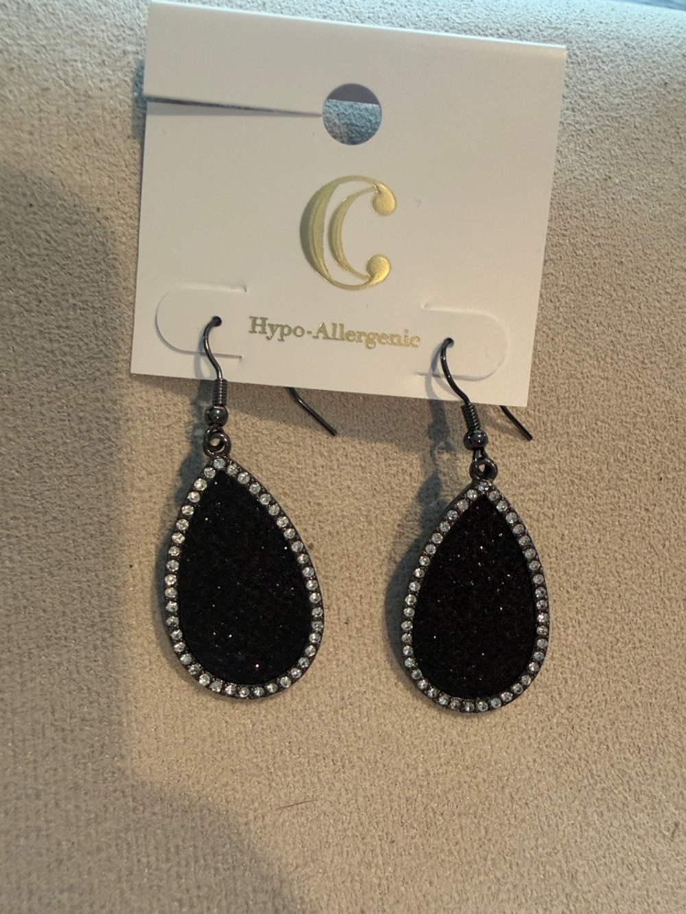 Crescent Black Teardrop Glitter Earrings with Crystal Halo